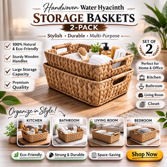 Handwoven Water Hyacinth Storage Baskets (Set of 2) – Natural Farmhouse Organizer with Wooden Handles